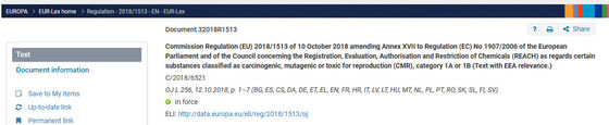 Entrada 72 do Regulamento (UE) 2018/1513 da Comissão que altera o anexo XVII do Regulamento (CE) n.o 1907/2006 do REACH