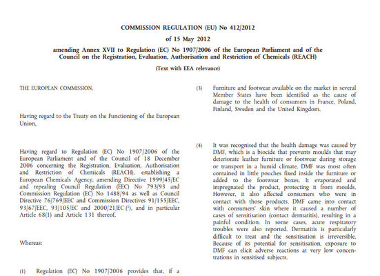 ISO/TS 16186,Regulamento (UE) n.o 412/2012 que altera a entrada 61 do anexo XVII do Regulamento REACH (CE) n.o 1907/2006